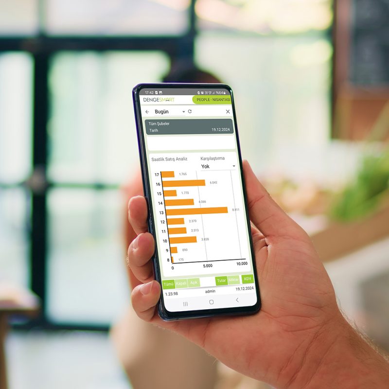 Owner uses greenscreen on smartphone, showing isolated chromakey template on device in local organic zero waste eco market. Young vendor presents copyspace mockup display.